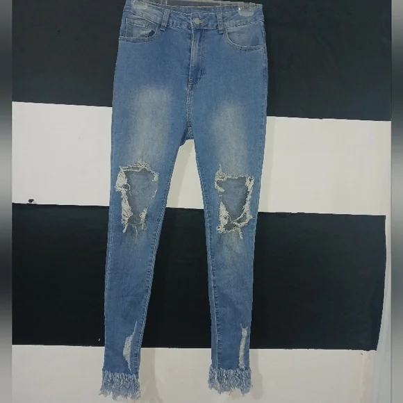 Shein Women light blue destroyed knee Fringe skinny jeans - Picture 3 of 12